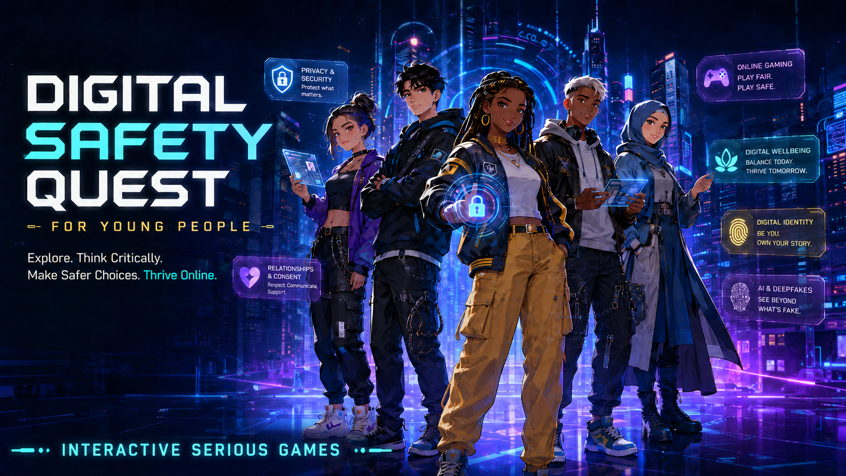 Digital Safety Quest — five young people in a neon city with integrated panels for privacy and security, online gaming, digital wellbeing, digital identity, AI and deepfakes, and relationships and consent